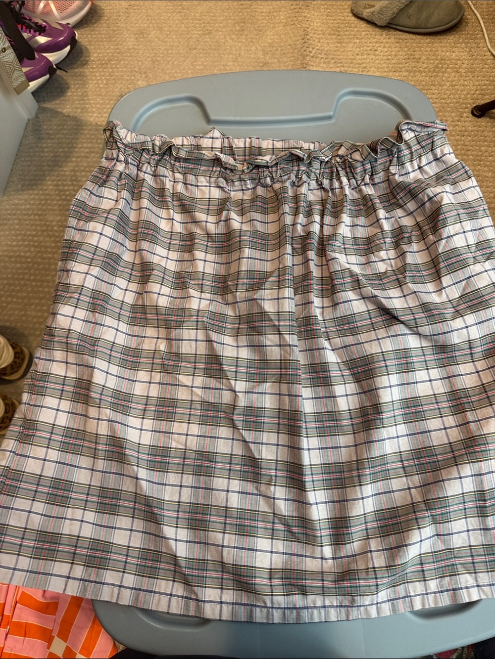 Elastic-Waist Plaid Mini Skirt - White with Green & Navy Checks